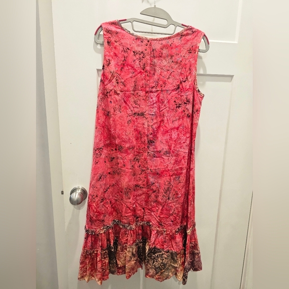 Frivolous Red Batik Sleeveless Dress M Handmade Rayon Ruffle Hem Boho - Picture 5 of 9